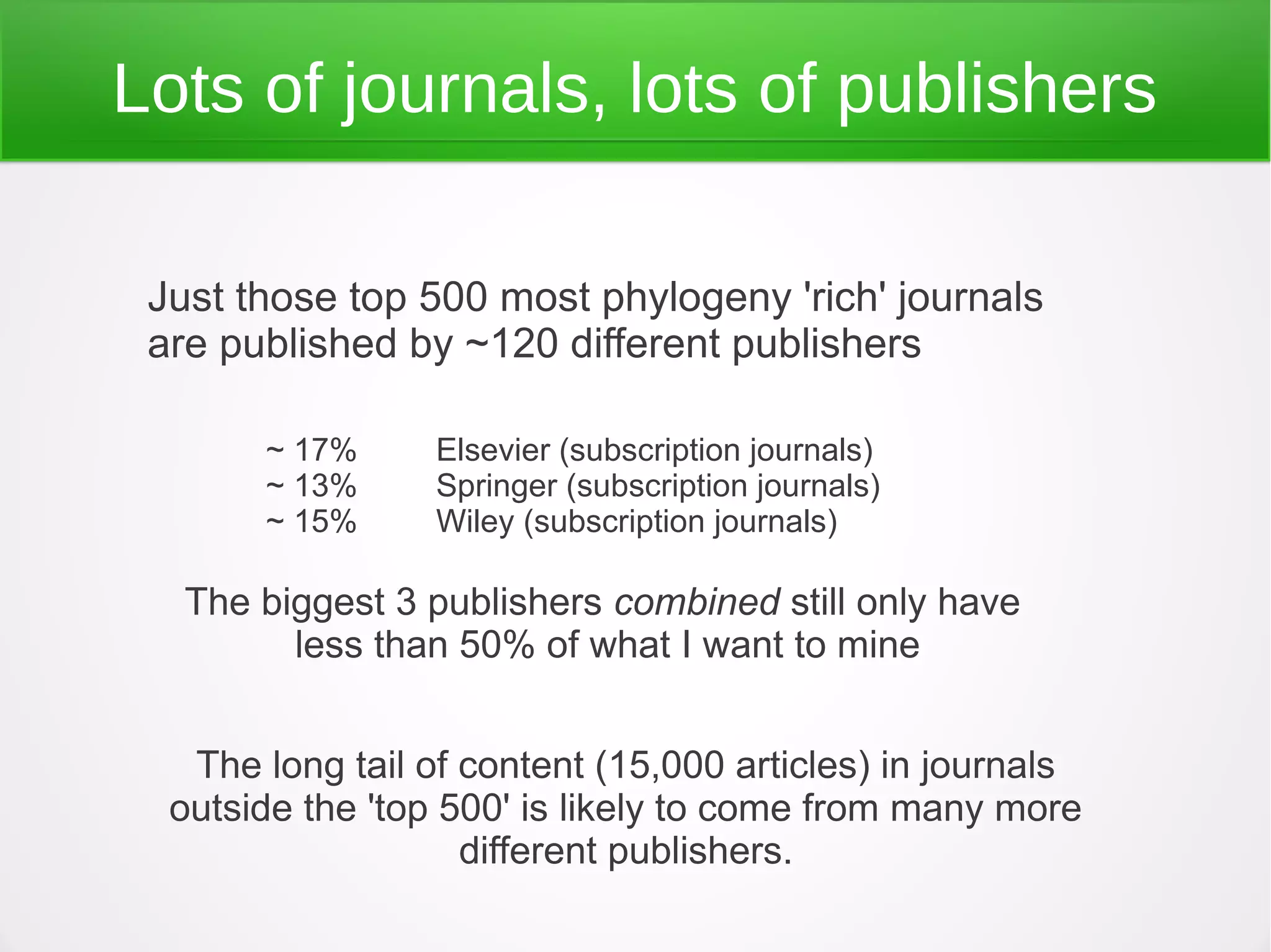 Lots of journals, lots of publishers

 Just those top 500 most phylogeny 'rich' journals
 are published by ~120 different publishers

       ~ 17%      Elsevier (subscription journals)
       ~ 13%      Springer (subscription journals)
       ~ 15%      Wiley (subscription journals)

   The biggest 3 publishers combined still only have
         less than 50% of what I want to mine


   The long tail of content (15,000 articles) in journals
  outside the 'top 500' is likely to come from many more
                    different publishers.
 