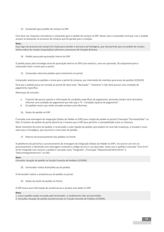 INTEGRAÇÃO EGPxTSS


    13. Comprador gera pedido de compra no ERP.

Com base nas respostas vencedoras o comprador gera o pedido de compra no ERP. Neste caso o comprador terá que criar o pedido
sempre se baseando no processo de compras que foi gerado para a cotação.
Nota:
Essa regra do processo de compra foi criada para atender a estrutura da Paradigma, que não permite que um pedido de compra
tenha ordens de compra (requisições) referente a processos de Cotação distintos.

    14. Pedido passa pela aprovação interna do ERP.

O pedido passa pela estratégia atual de aprovação interna no ERP (caso exista) e, uma vez aprovado, fica disponível para o
comprador fazer o envio para o portal.

    15. Comprador seleciona pedidos para tratamento no portal.

Comprador seleciona os pedidos e envia para o portal de compras, por intermédio da interface para envio de pedidos (CC0329).
Para que o pedido possa ser enviado ao portal ele deve estar “Aprovado”, “Impresso" e não deve possuir uma condição de
pagamento específica.
Diferenças de conceito:

    a.   O portal não possui suporte a informação de condições específicas de pagamento, portando sempre será necessário
         informar uma condição de pagamento que não seja a “0 – Condição especial de pagamento”.
    b.   Os pedidos neste caso serão enviados sempre como Normais.

    16. Dados do pedido no ERP.

É enviada uma mensagem de integração (Dados do Pedido no ERP) para criação do pedido no portal (Transação “PurchaseOrder” no
EAI). O número do pedido do portal deverá ser o mesmo que o ERP para permitir a rastreabilidade entre os sistemas.
Neste momento do envio do pedido, é recalculado o valor líquido do pedido, pois podem ter ocorrido mudanças, e enviado o novo
valor para a Paradigma, que assumirá o novo valor do pedido.

    17. Retorno do processamento dos pedidos no Portal.

A plataforma do portal faz o processamento da mensagem de integração (Dados do Pedido no ERP ). Se ocorrer um erro no
processamento, é devolvida uma mensagem contendo o código do erro e sua descrição, neste caso o pedido é marcado “Com Erro”.
Se for integrado com sucesso o pedido é marcado como “Integrado”. (Transação “RequisitionOrderConfirm” e
“ReturnIntegrationErrors” no EAI).
Nota:
Consultar situação do pedido na Função Consulta de Pedidos (CC0509).

    18. Fornecedor realiza Aceita/Recusa do pedido.

O fornecedor realiza o aceite/recusa do pedido no portal.

    19. Dados do aceite do pedido no Portal.

O ERP busca essa informação de aceite/recusa e atualiza esse dado no ERP.
Nota:
1. Caso o pedido esteja recusado pelo fornecedor, o recebimento não será permitido.
2. Consultar situação do pedido (aceite/recusa) no Função Consulta de Pedidos (CC0509).




                                                                                                                               14
 