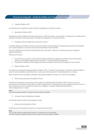 INTEGRAÇÃO EGPxTSS


         Processo de Integração – Gestão de Pedidos sem Cotações (com Contratos)


    1.     Criação do Pedido no ERP.

O comprador gera um pedido de compra no ERP sem integração com o portal de compras.

    2.     Aprovação do Pedido no ERP.

O pedido passa pela estratégia atual de aprovação interna no ERP (caso exista) e, caso aprovado, é enviado para o comprador fazer o
tratamento necessário. Esse passo também é realizado sem integração com o portal de compras.

    3.     Comprador seleciona pedidos para tratamento no portal.

Comprador seleciona os pedidos e envia para o portal de compras. Essa ação poderá ser realizada pela rotina de envio de pedidos
para o portal (CC0329) ou no momento da impressão do pedido de compra (CC0305).
Para que o pedido possa ser enviado ao portal ele deve estar “Aprovado”, “Impresso” e não deve possuir uma condição de
pagamento específica.
Diferenças de conceito:

    a.     O portal não possui suporte a informação de condições específicas de pagamento, portando sempre será necessário
           informar uma condição de pagamento que não seja a “0 – Condição especial de pagamento”.
    b.     Os pedidos são divididos em três categorias para serem enviados ao portal: Normal, emergencial e com contrato.

    4.     Dados do pedido no ERP.

É enviada uma mensagem de integração (Dados do Pedido no ERP – Transação “PurchaseOrder” no EAI) para criação do pedido no
portal. O número do pedido do portal deverá ser o mesmo que o ERP para permitir a rastreabilidade entre os sistemas.
Neste momento do envio do pedido, é calculado o valor líquido do pedido e enviado o novo valor para a Paradigma.

    5.     Retorno do processamento do pedidos no Portal.

A plataforma do portal faz o processamento da mensagem de integração (Dados do Pedido no ERP). Se ocorrer um erro no
processamento, é devolvida uma mensagem contendo o código do erro e sua descrição, neste caso o pedido é marcado “Com Erro”.
Se for integrado com sucesso o pedido é marcado como “Integrado”. (Transação “RequisitionOrderConfirm” e
“ReturnIntegrationErrors” no EAI).
Nota:
Consultar situação do pedido na Função Consulta de Pedidos (CC0509).

    6.     Fornecedor realiza Aceita/Recusa do pedido.

O fornecedor realiza o aceite/recusa do pedido no portal.

    7.     Dados do aceite do pedido no Portal.

O ERP busca essa informação de aceite/recusa e atualiza esse dado no ERP.
Nota:
Caso o pedido esteja recusado pelo fornecedor, o recebimento não será permitido.
Consultar situação do pedido (aceite/recusa) na Função Consulta de Pedidos (CC0509).




                                                                                                                              15
 