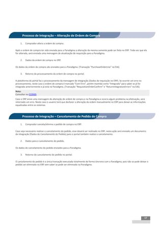 INTEGRAÇÃO EGPxTSS




      Processo de Integração – Alteração de Ordem de Compra

    1.   Comprador altera a ordem de compra.

Após a ordem de compra ter sido enviada para a Paradigma a alteração da mesma somente pode ser feita no ERP. Toda vez que ela
for alterada, será enviada uma mensagem de atualização de requisição para a Paradigma.

    2.   Dados da ordem de compra no ERP.

Os dados da ordem de compra são enviados para a Paradigma. (Transação “PurchaseOrderLine” no EAI).

    3.   Retorno do processamento da ordem de compra no portal.

A plataforma do portal faz o processamento da mensagem de integração (Dados da requisição no ERP). Se ocorrer um erro no
processamento, neste caso a ordem de compra é marcada “Com Erro”, porém mantida como “Integrada” para saber se já foi
integrada anteriormente e já está na Paradigma. (Transação “RequisitionOrderConfirm” e “ReturnIntegrationErrors” no EAI).
Nota:
Consultar no CC0505.
Caso o ERP envie uma mensagem de alteração de ordem de compra e na Paradigma e ocorra algum problema na efetivação, será
retornado um erro. Neste caso o usuário terá que desfazer a alteração da ordem manualmente no ERP para deixar as informações
equalizadas entre os sistemas.



      Processo de Integração – Cancelamento de Pedido de Compra

    1.   Comprador cancela/elimina o pedido de compra no ERP.

Caso seja necessário realizar o cancelamento do pedido, esse deverá ser realizado no ERP, nesta ação será enviado um documento
de integração (Dados do Cancelamento do Pedido) para o portal também realize o cancelamento.

    2.   Dados para o cancelamento do pedido.

Os dados do cancelamento do pedido enviados para a Paradigma.

    3.   Retorno do cancelamento do pedido no portal.

O cancelamento do pedido é a única transação executada totalmente de forma síncrona com a Paradigma, pois não se pode deixar o
pedido ser eliminado no ERP sem saber se pode ser eliminado na Paradigma.




                                                                                                                            17
 