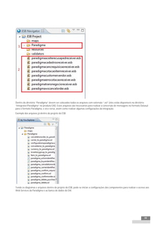 INTEGRAÇÃO EGPxTSS




Dentro do diretório “Paradigma” devem ser colocados todos os arquivos com extensão “.xsl” (eles estão disponíveis no diretório
“Integrator/Paradigma” no produto EAI). Esses arquivos são necessários para realizar a conversão de mensagens no formato Datasul
para o formato Paradigma, e vice-versa, assim como realizar algumas configurações da integração.
Exemplo dos arquivos já dentro do projeto do ESB:




Tendo os diagramas e arquivos dentro do projeto do ESB, pode-se iniciar a configurações dos componentes para realizar o acesso aos
Web Services da Paradigma e ao banco de dados do EAI.




                                                                                                                             22
 