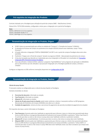 INTEGRAÇÃO EGPxTSS


         Pré-requisitos da Integração dos Produtos


Contrato realizado com a Paradigma para utilização do portal de compras (WBC – Web Business Center).
Datasul EAI e TOTVS ESB instalados, configurados e ativos para a integração com o portal da Paradigma.
Nota:
TOTVS | ESB Server 12.2.3 ou superior;
TOTVS | Developer Studio 11.1;
TOTVS | ESB Plugin 12.2.3 ou superior.



     Parametrização da Integeração no Produto, Origem

          O ERP 2 deve ser parametrizado para utilizar os módulos de “Compras” e “Cotações de Compras” (CD0101);
          A utilização do Processo de Compra nos parâmetros de cotação (OC0101) deverá estar habilitada, campo “Utiliza
           Processo”;
          A função referente a integração ("PORTAL-PARADIGMA") do ERP 2 com o portal de compras Paradigma deve estar ativa
           (CD7070);
          Parâmetro “Integra com o Portal de compras” ativado no programa CC0104 – Manutenção de parâmetros de compra;
          A lista das transações que deverão ser implantadas para essa integração no EAI podem ser visualizadas em Transações
           Integração ERP x Portal de Compras Paradigma.
          Caso seja utilizado o módulo de MLA: cadastrar o programa “lap/mla0301d.p” como programa de aprovação no (MLA0101)
           para os documentos que são utilizados e que possuem integração com a Paradigma (pedido de compra, contrato e
           cotação).

Configurar os diagramas no ESB conforme orientações disponíveis em configurações do ESB.




         Parametrização da Integração no Produto, Destino


Cálculo do preço líquido
É necessário realizar as configurações para o cálculo do preço líquido na Paradigma.
Variáveis envolvidas no cálculo:

          Percentual de desconto: informado na cotação;
          Taxa financeira: informada na cotação;
          Alíquota IPI: informada na cotação;
          Cálculo do IPI pelo preço bruto ou líquido: pode mudar conforme o cliente, é necessário verificar no ERP (programa
           Manutenção de Parâmetros de Compra (CC0104)) como deve ser o cálculo;
          Condição de pagamento: números de dias e percentual de pagamento das parcelas (condição de pagamento da cotação).

Pré-requisitos das taxas a serem informadas no Paradigma:

          Taxa financeira: Somente pode estar habilitada ou aparecendo para informar a taxa se o cliente tiver parametrizado dessa
           forma no ERP (Verificar no programa Manutenção de Parâmetros de Compra (CC0104), o parâmetro “Utiliza Taxa Financ”).
           O controle para dizer se está ou não incluso no preço deve estar habilitado conforme o parâmetro também;
          Alíquota IPI: Sempre visível/habilitado. O controle para dizer se está ou não incluso no preço deve estar habilitado;
          Alíquota ICMS: Somente pode estar habilitada ou aparecendo para informar a taxa se o cliente tiver parametrizado dessa
           forma no ERP (Verificar no programa Manutenção de Parâmetros de Compra (CC0104), o parâmetro “Utiliza ICMS”). O
           controle para dizer se está ou não incluso no preço NÃO deve estar habilitado (neste caso deve considerar que sempre está
           incluso no preço bruto);
                                                                                                                                8
 