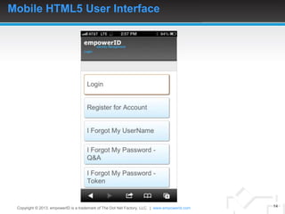 Mobile HTML5 User Interface




 Copyright © 2013. empowerID is a trademark of The Dot Net Factory, LLC. | www.empowerid.com   14
 