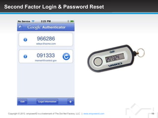 Second Factor Login & Password Reset




 Copyright © 2013. empowerID is a trademark of The Dot Net Factory, LLC. | www.empowerid.com   15
 