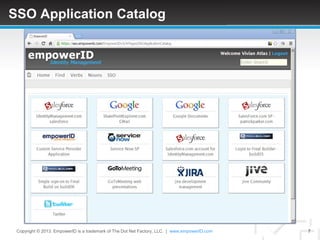 SSO Application Catalog




 Copyright © 2013. EmpowerID is a trademark of The Dot Net Factory, LLC. | www.empowerID.com   7
 