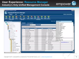 Automates provisioning, moving, and deprovisioning of user accounts and resources based upon the roles of the userRole membership can be automated based upon mappings to existing authoritative systems, by rules, or assigned via workflows with approvals