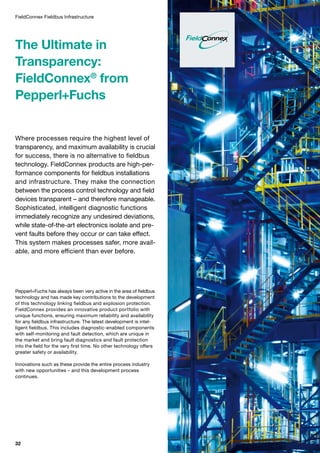 FieldConnex Fieldbus Infrastructure
The Ultimate in
Transparency:
FieldConnex®
from
Pepperl+Fuchs
Where processes require the highest level of
transparency, and maximum availability is crucial
for success, there is no alternative to fieldbus
technology. FieldConnex products are high-per­
formance components for fieldbus installations
and infrastructure. They make the connection
between the process control technology and field
devices transparent – and therefore manageable.
Sophisticated, intelligent diagnostic functions
immediately recognize any undesired deviations,
while state-of-the-art electronics isolate and pre­
vent faults before they occur or can take effect.
This system makes processes safer, more avail­
able, and more efficient than ever before.
Pepperl+Fuchs has always been very active in the area of fieldbus
technology and has made key contributions to the development
of this technology linking fieldbus and explosion protection.
FieldConnex provides an innovative product portfolio with
unique functions, ensuring maximum reliability and availability
for any fieldbus infrastructure. The latest development is intel­
ligent fieldbus. This includes diagnostic-enabled components
with self-monitoring and fault detection, which are unique in
the market and bring fault diagnostics and fault protection
into the field for the very first time. No other technology offers
greater safety or availability.
Innovations such as these provide the entire process industry
with new opportunities – and this development process
continues.
32
 