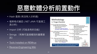 • Hash ( )
• (.NET JAVA
)
• Import (
• Strings
• Tools Installed on REMnux
• Reverse-Engineering Wiki
23
 