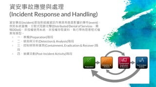 資安事故應變與處理
(Incident Response and Handling)
資安事故(incident)是指對組織資訊作業具有負面影響的事件(event)，
例如系統當機、分散式阻斷攻擊(Distributed Denial of Services，簡
稱DDoS)、非授權使用系統、非授權存取資料、執行帶有惡意程式檔
案等類型。
× 一、準備(Preparation)階段
× 二、偵測與分析(Detection & Analysis)階段
× 三、控制移除與復原(Containment, Eradication & Recover )階
段
× 四、後續活動(Post-Incident Activity)階段
15
 