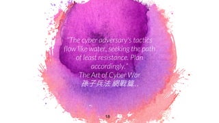 "The cyber adversary's tactics
flow like water, seeking the path
of least resistance. Plan
accordingly.”
The Art of Cyber War
孫子兵法 網戰篇…
18
 