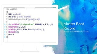 Place your screenshot here
33
Master Boot
Record
當然啦 放勒索軟體也是可以的...
 