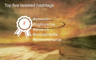 Top five tweeted hashtags
#smwldn
#ogilvysmw
#smw15
#socialmedia
#precommerce
 