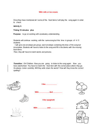 With milk or ice cream.
Once they have mentioned all / some of the food items I will play the song again in order
to check.
Activity 2.
Timing 10 minutes plus
Purpose: to go on working with vocabulary understanding.
Students will continue working with the same song but this time in groups of 4 / 5
students.
I will give one envelope per group, each envelope containing the lines of the song but
incomplete. Students will have to listen to the song and fill in the blanks with the missing
food items.
Then, they will have to match words and pictures.
Transition: Ok! Children. Now you are going to listen to the song again. Now you
have aworksheet. You have to match the food item with the correct place where they go.
So please. Listen carefully. Will they write down the words? How will they know the correct
spelling?
I like ………………
With …………….. And ……………
I like spaghetti
With …………… and …………………
 