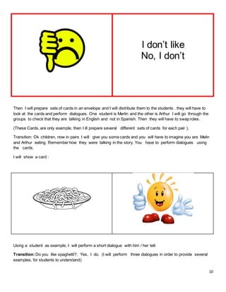 10
I don’t like
No, I don’t
Then I will prepare sets of cards in an envelope and I will distribute them to the students . they will have to
look at the cards and perform dialogues. One student is Merlin and the other is Arthur I will go through the
groups to check that they are talking in English and not in Spanish. Then they will have to swap roles.
(These Cards, are only example, then I ill prepare several different sets of cards for each pair ).
Transition: Ok children, now in pairs I will give you some cards and you will have to imagine you are Melin
and Arthur eating. Remember how they were talking in the story. You have to perform dialogues using
the cards.
I will show a card :
Using a student as example, I will perform a short dialogue with him / her tell:
Transition: Do you like spaghetti?: Yes, I do. (I will perform three dialogues in order to provide several
examples, for students to understand)
 