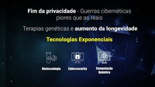 Fim da privacidade - Guerras cibernéticas
piores que as reais
Terapias genéticas e aumento da longevidade
Biotecnologia Cybersecurity Computação
Quântica
Tecnologias Exponenciais
 