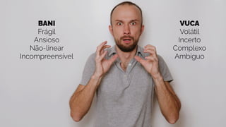 VUCA
Volátil
Incerto
Complexo
Ambíguo
BANI
Frágil
Ansioso
Não-linear
Incompreensível
 