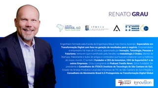 RENATO GRAU
Engenheiro formado pela Escola de Engenharia Mauá mas Eterno Aprendiz. Especialista em
Transformação Digital com foco na geração de resultados para o negócio. Empreendedor
e empresário há mais de 25 anos, apaixonado por Inovação, Tecnologia, Pessoas e
Futurismo, tema em que é certi
fi
cado pela Aerolito na metodologia 3 Ondas; Mentor de
Startups, Palestrante e Autor de artigos e conteúdos que buscam colaborar com a melhoria
de nosso mundo. É também Fundador e CEO da Innovision, CDO da Suporte24x7 e de
outras Empresas. Criou o programa de Podcast TrenDs News. Sócio fundador, Ex-
presidente e Conselheiro do ITESCS (Instituto de Tecnologia de São Caetano do Sul).
Criador do Arranjo Produtivo Local das Empresas de TIC de São Caetano do Sul e Região e
Conselheiro do Movimento Brasil 6.0 Protagonista na Transformação Digital Global
 