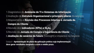 1.Diagnóstico do Ambiente de TI e Sistemas de Informação
2.Avaliação de Estrutura Organizacional e principais pilares do negócio.
3.Mapeamento e Revisão dos Processos Internos e Jornada de
Compra do Cliente
4.Revisão dos indicadores (KPIs) e SLAs.
5.Revisão da Jornada de Compra e Experiência do Cliente
6.Avaliação de cenários de futuro (foresight) e impactos no negócio
Output > Apresentação de plano de aplicação prática cuja implementação
deve gerar resultados tangíveis a curto e médio prazo.
 