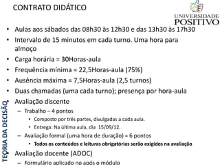 TEORIADADECISÃO CONTRATO DIDÁTICO
• Aulas aos sábados das 08h30 às 12h30 e das 13h30 às 17h30
• Intervalo de 15 minutos em cada turno. Uma hora para
almoço
• Carga horária = 30Horas-aula
• Frequência mínima = 22,5Horas-aula (75%)
• Ausência máxima = 7,5Horas-aula (2,5 turnos)
• Duas chamadas (uma cada turno); presença por hora-aula
• Avaliação discente
– Trabalho – 4 pontos
• Composto por três partes, divulgadas a cada aula.
• Entrega: Na última aula, dia 15/09/12.
– Avaliação formal (uma hora de duração) = 6 pontos
• Todos os conteúdos e leituras obrigatórias serão exigidos na avaliação
• Avaliação docente (ADOC)
– Formulário aplicado no após o módulo
 