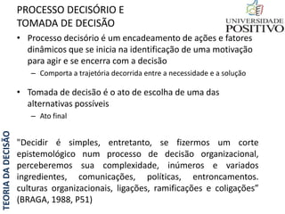 TEORIADADECISÃO
• Processo decisório é um encadeamento de ações e fatores
dinâmicos que se inicia na identificação de uma motivação
para agir e se encerra com a decisão
– Comporta a trajetória decorrida entre a necessidade e a solução
• Tomada de decisão é o ato de escolha de uma das
alternativas possíveis
– Ato final
"Decidir é simples, entretanto, se fizermos um corte
epistemológico num processo de decisão organizacional,
perceberemos sua complexidade, inúmeros e variados
ingredientes, comunicações, políticas, entroncamentos.
culturas organizacionais, ligações, ramificações e coligações”
(BRAGA, 1988, P51)
PROCESSO DECISÓRIO E
TOMADA DE DECISÃO
 