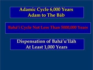 Bahá’í Cycle Not Less Than 5000,000 YearsBahá’í Cycle Not Less Than 5000,000 Years
Adamic Cycle 6,000 YearsAdamic Cycle 6,000 Years
Adam to The BábAdam to The Báb
Dispensation of Bahá’u’lláhDispensation of Bahá’u’lláh
At Least 1,000 YearsAt Least 1,000 Years
 