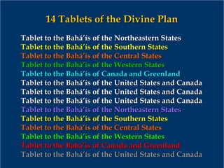 14 Tablets of the Divine Plan14 Tablets of the Divine Plan
Tablet to the Bahá’ís of the Northeastern StatesTablet to the Bahá’ís of the Northeastern States
Tablet to the Bahá’ís of the Southern StatesTablet to the Bahá’ís of the Southern States
Tablet to the Bahá’ís of the Central StatesTablet to the Bahá’ís of the Central States
Tablet to the Bahá’ís of the Western StatesTablet to the Bahá’ís of the Western States
Tablet to the Bahá’ís of Canada and GreenlandTablet to the Bahá’ís of Canada and Greenland
Tablet to the Bahá’ís of the United States and CanadaTablet to the Bahá’ís of the United States and Canada
Tablet to the Bahá’ís of the United States and CanadaTablet to the Bahá’ís of the United States and Canada
Tablet to the Bahá’ís of the United States and CanadaTablet to the Bahá’ís of the United States and Canada
Tablet to the Bahá’ís of the Northeastern StatesTablet to the Bahá’ís of the Northeastern States
Tablet to the Bahá’ís of the Southern StatesTablet to the Bahá’ís of the Southern States
Tablet to the Bahá’ís of the Central StatesTablet to the Bahá’ís of the Central States
Tablet to the Bahá’ís of the Western StatesTablet to the Bahá’ís of the Western States
Tablet to the Bahá’ís of Canada and GreenlandTablet to the Bahá’ís of Canada and Greenland
Tablet to the Bahá’ís of the United States and CanadaTablet to the Bahá’ís of the United States and Canada
 