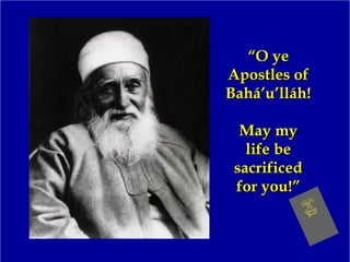 ““O yeO ye
Apostles ofApostles of
Bahá’u’lláh!Bahá’u’lláh!
May myMay my
life belife be
sacrificedsacrificed
for you!”for you!”
 