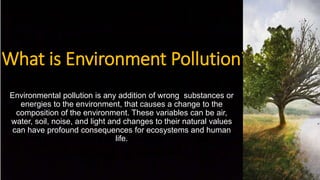 What is Environment Pollution?
Environmental pollution is any addition of wrong substances or
energies to the environment, that causes a change to the
composition of the environment. These variables can be air,
water, soil, noise, and light and changes to their natural values
can have profound consequences for ecosystems and human
life.
 
