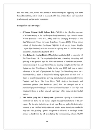 14
East Asia and Africa, with a track record of manufacturing and supplying over 8000
Kms of Line Pipes, out of which in excess of 3500 Kms of Line Pipes were exported
to all major oil and gas sector companies.
Competitors for SAW Pipes:
o Welspun Gujarat Stahl Rohren Ltd. (WGSRL), the flagship company
of Welspun Group is the 2nd Largest (Large Diameter) Pipe Producer in the
World (Financial Times UK, 2008) and 'The Emerging Company of the
Year' (Economic Times Corporate Excellence Awards, 2008). With a strong
culture of ‘Engineering Excellence' WGSRL is all set to be the World's
Largest Pipe Company with an increase in capacity from 1.5 million ton per
annum to 1.8 million ton by March 2010.
o Man Industries (India) Limited Man Industries (India) Ltd. is a member of
The Man Group, UK. The organization has been expanding, integrating and
growing at the speed of light the fulfill the ambition of its Global excellence.
Commissioning of its Anjar Line Pipe and Coating Complex in the State of
Gujarat on the West-Coast of India in the year 2005 had been a major
milestone in the path of progress of the Group. The Man Group has a track
record of over 32 Years as a successful trading organization and now over 16
Years as an ambitious and fast growing manufacturer of Aluminum Extrusion
Products and Large Dia. Line Pipes. With strategic investments and
continuous growth, Man Industries (India) Ltd. has emerged out as a
prominent player in the league of world-class manufacturers of Line Pipe and
Coating Systems in a short span of eight years of its entry into the Global
market.
o PSL limited (only HSAW Pipes) with a production capacity in excess of the
1 million ton mark, we are India’s largest producer/manufacturer of HSAW
pipes - the line-pipe industries preferred pipe. But our leadership in the pipe
industry is not confined to the domestic market alone, though the market is
huge and still growing - global recognition is reflected in the huge orders
already in hand from the US even before the commissioning of our 300,000
 