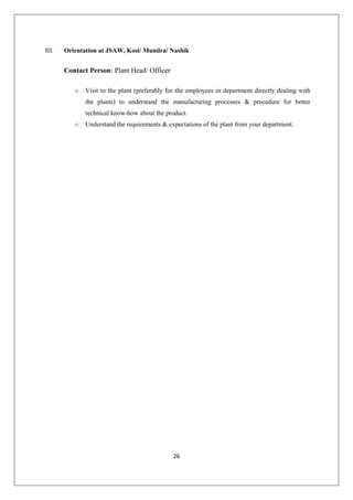 26
III. Orientation at JSAW, Kosi/ Mundra/ Nashik
Contact Person: Plant Head/ Officer
o Visit to the plant (preferably for the employees in department directly dealing with
the plants) to understand the manufacturing processes & procedure for better
technical know-how about the product.
o Understand the requirements & expectations of the plant from your department.
 