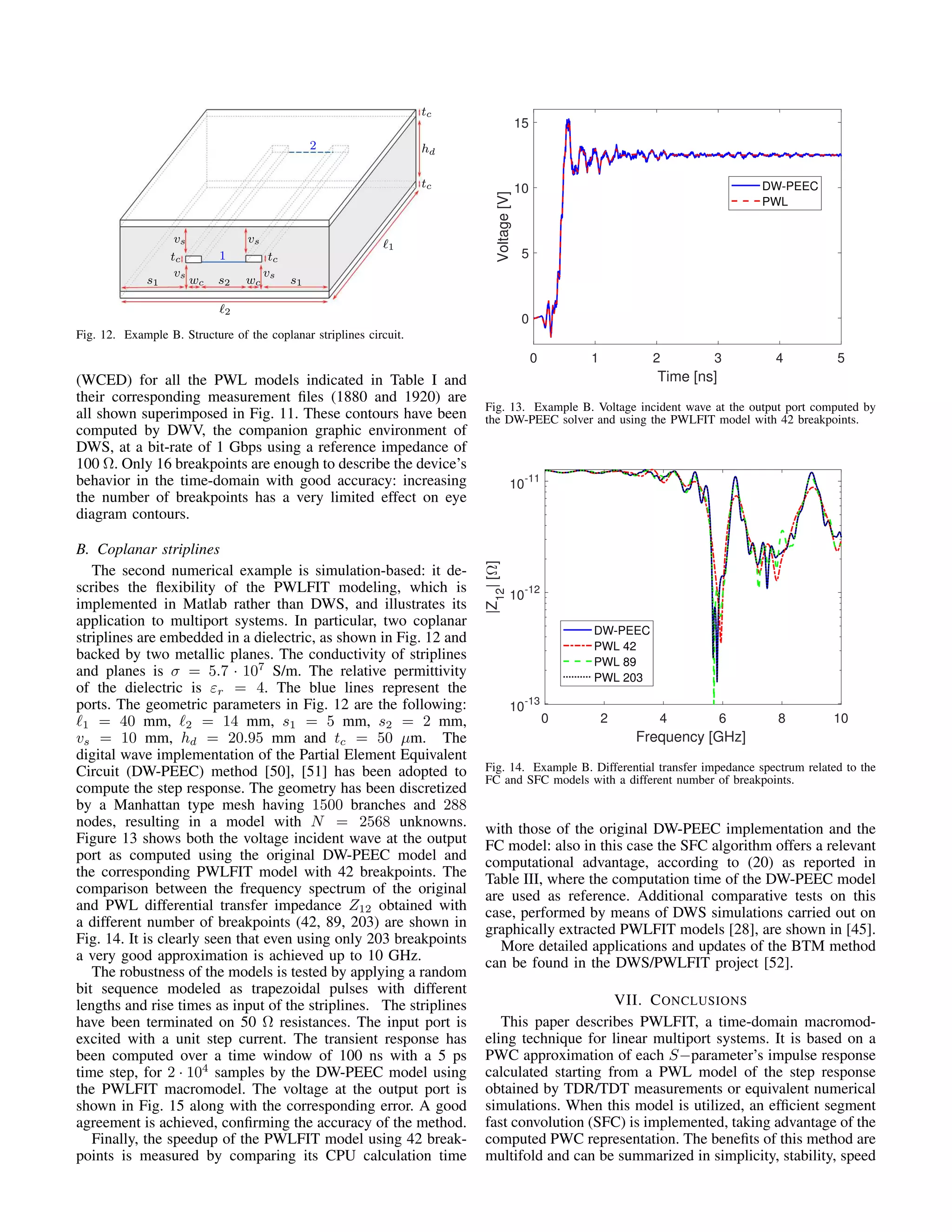 2
1
hd
tc
tc
s1
vs
vs
tc
wc s2 wc
vs
vs
tc
s1
1
2
Fig. 12. Example B. Structure of the coplanar striplines circuit.
(WCED) for all the PWL models indicated in Table I and
their corresponding measurement ﬁles (1880 and 1920) are
all shown superimposed in Fig. 11. These contours have been
computed by DWV, the companion graphic environment of
DWS, at a bit-rate of 1 Gbps using a reference impedance of
100 Ω. Only 16 breakpoints are enough to describe the device’s
behavior in the time-domain with good accuracy: increasing
the number of breakpoints has a very limited effect on eye
diagram contours.
B. Coplanar striplines
The second numerical example is simulation-based: it de-
scribes the ﬂexibility of the PWLFIT modeling, which is
implemented in Matlab rather than DWS, and illustrates its
application to multiport systems. In particular, two coplanar
striplines are embedded in a dielectric, as shown in Fig. 12 and
backed by two metallic planes. The conductivity of striplines
and planes is σ = 5.7 · 107
S/m. The relative permittivity
of the dielectric is εr = 4. The blue lines represent the
ports. The geometric parameters in Fig. 12 are the following:
1 = 40 mm, 2 = 14 mm, s1 = 5 mm, s2 = 2 mm,
vs = 10 mm, hd = 20.95 mm and tc = 50 µm. The
digital wave implementation of the Partial Element Equivalent
Circuit (DW-PEEC) method [50], [51] has been adopted to
compute the step response. The geometry has been discretized
by a Manhattan type mesh having 1500 branches and 288
nodes, resulting in a model with N = 2568 unknowns.
Figure 13 shows both the voltage incident wave at the output
port as computed using the original DW-PEEC model and
the corresponding PWLFIT model with 42 breakpoints. The
comparison between the frequency spectrum of the original
and PWL differential transfer impedance Z12 obtained with
a different number of breakpoints (42, 89, 203) are shown in
Fig. 14. It is clearly seen that even using only 203 breakpoints
a very good approximation is achieved up to 10 GHz.
The robustness of the models is tested by applying a random
bit sequence modeled as trapezoidal pulses with different
lengths and rise times as input of the striplines. The striplines
have been terminated on 50 Ω resistances. The input port is
excited with a unit step current. The transient response has
been computed over a time window of 100 ns with a 5 ps
time step, for 2 · 104
samples by the DW-PEEC model using
the PWLFIT macromodel. The voltage at the output port is
shown in Fig. 15 along with the corresponding error. A good
agreement is achieved, conﬁrming the accuracy of the method.
Finally, the speedup of the PWLFIT model using 42 break-
points is measured by comparing its CPU calculation time
0 1 2 3 4 5
Time [ns]
0
5
10
15
Voltage[V]
DW-PEEC
PWL
Fig. 13. Example B. Voltage incident wave at the output port computed by
the DW-PEEC solver and using the PWLFIT model with 42 breakpoints.
0 2 4 6 8 10
Frequency [GHz]
10-13
10-12
10
-11
|Z12
|[]
DW-PEEC
PWL 42
PWL 89
PWL 203
Fig. 14. Example B. Differential transfer impedance spectrum related to the
FC and SFC models with a different number of breakpoints.
with those of the original DW-PEEC implementation and the
FC model: also in this case the SFC algorithm offers a relevant
computational advantage, according to (20) as reported in
Table III, where the computation time of the DW-PEEC model
are used as reference. Additional comparative tests on this
case, performed by means of DWS simulations carried out on
graphically extracted PWLFIT models [28], are shown in [45].
More detailed applications and updates of the BTM method
can be found in the DWS/PWLFIT project [52].
VII. CONCLUSIONS
This paper describes PWLFIT, a time-domain macromod-
eling technique for linear multiport systems. It is based on a
PWC approximation of each S−parameter’s impulse response
calculated starting from a PWL model of the step response
obtained by TDR/TDT measurements or equivalent numerical
simulations. When this model is utilized, an efﬁcient segment
fast convolution (SFC) is implemented, taking advantage of the
computed PWC representation. The beneﬁts of this method are
multifold and can be summarized in simplicity, stability, speed
 