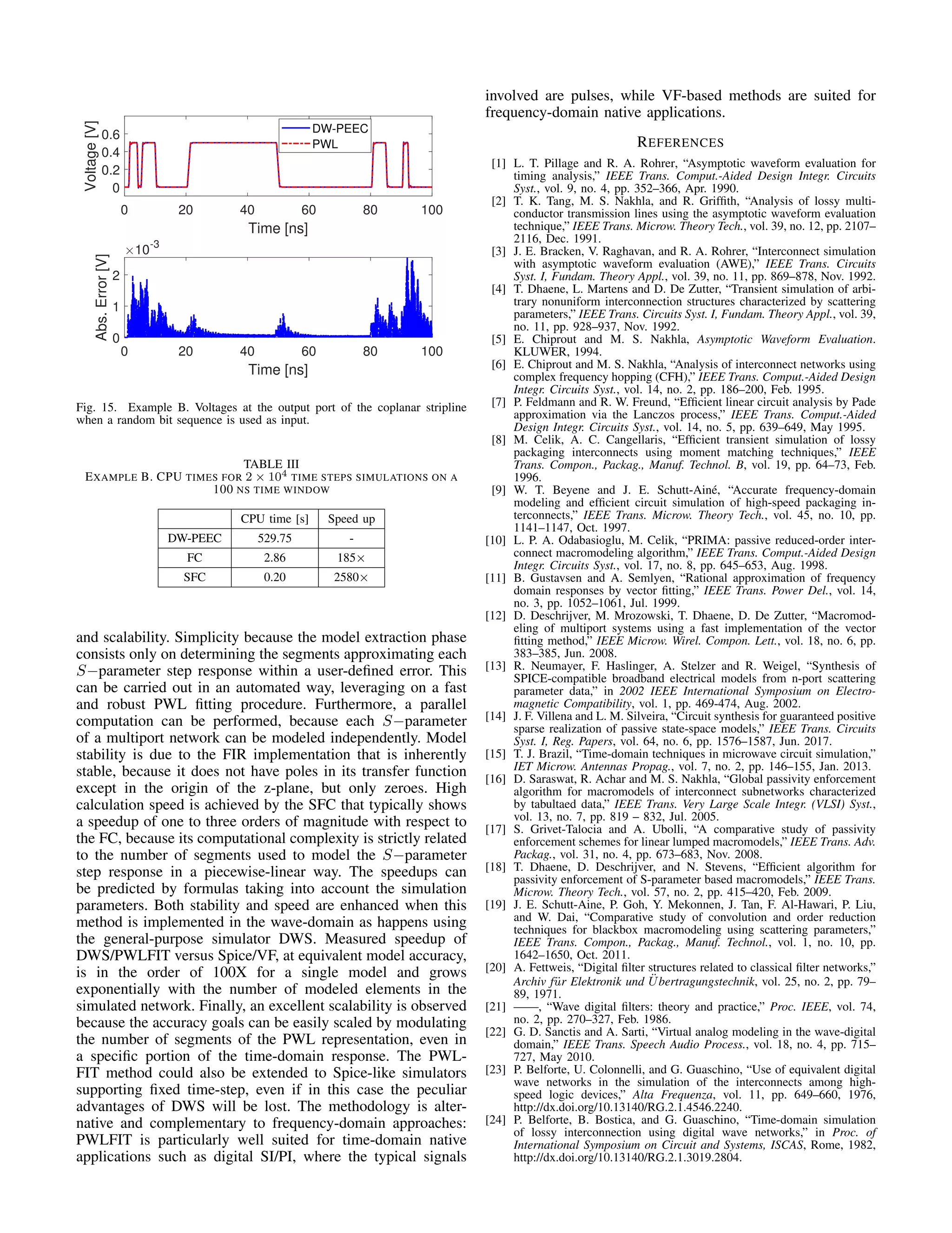0 20 40 60 80 100
Time [ns]
0
0.2
0.4
0.6
Voltage[V]
DW-PEEC
PWL
0 20 40 60 80 100
Time [ns]
0
1
2
Abs.Error[V]
10-3
Fig. 15. Example B. Voltages at the output port of the coplanar stripline
when a random bit sequence is used as input.
TABLE III
EXAMPLE B. CPU TIMES FOR 2 × 104 TIME STEPS SIMULATIONS ON A
100 NS TIME WINDOW
CPU time [s] Speed up
DW-PEEC 529.75 -
FC 2.86 185×
SFC 0.20 2580×
and scalability. Simplicity because the model extraction phase
consists only on determining the segments approximating each
S−parameter step response within a user-deﬁned error. This
can be carried out in an automated way, leveraging on a fast
and robust PWL ﬁtting procedure. Furthermore, a parallel
computation can be performed, because each S−parameter
of a multiport network can be modeled independently. Model
stability is due to the FIR implementation that is inherently
stable, because it does not have poles in its transfer function
except in the origin of the z-plane, but only zeroes. High
calculation speed is achieved by the SFC that typically shows
a speedup of one to three orders of magnitude with respect to
the FC, because its computational complexity is strictly related
to the number of segments used to model the S−parameter
step response in a piecewise-linear way. The speedups can
be predicted by formulas taking into account the simulation
parameters. Both stability and speed are enhanced when this
method is implemented in the wave-domain as happens using
the general-purpose simulator DWS. Measured speedup of
DWS/PWLFIT versus Spice/VF, at equivalent model accuracy,
is in the order of 100X for a single model and grows
exponentially with the number of modeled elements in the
simulated network. Finally, an excellent scalability is observed
because the accuracy goals can be easily scaled by modulating
the number of segments of the PWL representation, even in
a speciﬁc portion of the time-domain response. The PWL-
FIT method could also be extended to Spice-like simulators
supporting ﬁxed time-step, even if in this case the peculiar
advantages of DWS will be lost. The methodology is alter-
native and complementary to frequency-domain approaches:
PWLFIT is particularly well suited for time-domain native
applications such as digital SI/PI, where the typical signals
involved are pulses, while VF-based methods are suited for
frequency-domain native applications.
REFERENCES
[1] L. T. Pillage and R. A. Rohrer, “Asymptotic waveform evaluation for
timing analysis,” IEEE Trans. Comput.-Aided Design Integr. Circuits
Syst., vol. 9, no. 4, pp. 352–366, Apr. 1990.
[2] T. K. Tang, M. S. Nakhla, and R. Grifﬁth, “Analysis of lossy multi-
conductor transmission lines using the asymptotic waveform evaluation
technique,” IEEE Trans. Microw. Theory Tech., vol. 39, no. 12, pp. 2107–
2116, Dec. 1991.
[3] J. E. Bracken, V. Raghavan, and R. A. Rohrer, “Interconnect simulation
with asymptotic waveform evaluation (AWE),” IEEE Trans. Circuits
Syst. I, Fundam. Theory Appl., vol. 39, no. 11, pp. 869–878, Nov. 1992.
[4] T. Dhaene, L. Martens and D. De Zutter, “Transient simulation of arbi-
trary nonuniform interconnection structures characterized by scattering
parameters,” IEEE Trans. Circuits Syst. I, Fundam. Theory Appl., vol. 39,
no. 11, pp. 928–937, Nov. 1992.
[5] E. Chiprout and M. S. Nakhla, Asymptotic Waveform Evaluation.
KLUWER, 1994.
[6] E. Chiprout and M. S. Nakhla, “Analysis of interconnect networks using
complex frequency hopping (CFH),” IEEE Trans. Comput.-Aided Design
Integr. Circuits Syst., vol. 14, no. 2, pp. 186–200, Feb. 1995.
[7] P. Feldmann and R. W. Freund, “Efﬁcient linear circuit analysis by Pade
approximation via the Lanczos process,” IEEE Trans. Comput.-Aided
Design Integr. Circuits Syst., vol. 14, no. 5, pp. 639–649, May 1995.
[8] M. Celik, A. C. Cangellaris, “Efﬁcient transient simulation of lossy
packaging interconnects using moment matching techniques,” IEEE
Trans. Compon., Packag., Manuf. Technol. B, vol. 19, pp. 64–73, Feb.
1996.
[9] W. T. Beyene and J. E. Schutt-Ainé, “Accurate frequency-domain
modeling and efﬁcient circuit simulation of high-speed packaging in-
terconnects,” IEEE Trans. Microw. Theory Tech., vol. 45, no. 10, pp.
1141–1147, Oct. 1997.
[10] L. P. A. Odabasioglu, M. Celik, “PRIMA: passive reduced-order inter-
connect macromodeling algorithm,” IEEE Trans. Comput.-Aided Design
Integr. Circuits Syst., vol. 17, no. 8, pp. 645–653, Aug. 1998.
[11] B. Gustavsen and A. Semlyen, “Rational approximation of frequency
domain responses by vector ﬁtting,” IEEE Trans. Power Del., vol. 14,
no. 3, pp. 1052–1061, Jul. 1999.
[12] D. Deschrijver, M. Mrozowski, T. Dhaene, D. De Zutter, “Macromod-
eling of multiport systems using a fast implementation of the vector
ﬁtting method,” IEEE Microw. Wirel. Compon. Lett., vol. 18, no. 6, pp.
383–385, Jun. 2008.
[13] R. Neumayer, F. Haslinger, A. Stelzer and R. Weigel, “Synthesis of
SPICE-compatible broadband electrical models from n-port scattering
parameter data,” in 2002 IEEE International Symposium on Electro-
magnetic Compatibility, vol. 1, pp. 469-474, Aug. 2002.
[14] J. F. Villena and L. M. Silveira, “Circuit synthesis for guaranteed positive
sparse realization of passive state-space models,” IEEE Trans. Circuits
Syst. I, Reg. Papers, vol. 64, no. 6, pp. 1576–1587, Jun. 2017.
[15] T. J. Brazil, “Time-domain techniques in microwave circuit simulation,”
IET Microw. Antennas Propag., vol. 7, no. 2, pp. 146–155, Jan. 2013.
[16] D. Saraswat, R. Achar and M. S. Nakhla, “Global passivity enforcement
algorithm for macromodels of interconnect subnetworks characterized
by tabultaed data,” IEEE Trans. Very Large Scale Integr. (VLSI) Syst.,
vol. 13, no. 7, pp. 819 – 832, Jul. 2005.
[17] S. Grivet-Talocia and A. Ubolli, “A comparative study of passivity
enforcement schemes for linear lumped macromodels,” IEEE Trans. Adv.
Packag., vol. 31, no. 4, pp. 673–683, Nov. 2008.
[18] T. Dhaene, D. Deschrijver, and N. Stevens, “Efﬁcient algorithm for
passivity enforcement of S-parameter based macromodels,” IEEE Trans.
Microw. Theory Tech., vol. 57, no. 2, pp. 415–420, Feb. 2009.
[19] J. E. Schutt-Aine, P. Goh, Y. Mekonnen, J. Tan, F. Al-Hawari, P. Liu,
and W. Dai, “Comparative study of convolution and order reduction
techniques for blackbox macromodeling using scattering parameters,”
IEEE Trans. Compon., Packag., Manuf. Technol., vol. 1, no. 10, pp.
1642–1650, Oct. 2011.
[20] A. Fettweis, “Digital ﬁlter structures related to classical ﬁlter networks,”
Archiv f¨ur Elektronik und ¨Ubertragungstechnik, vol. 25, no. 2, pp. 79–
89, 1971.
[21] ——, “Wave digital ﬁlters: theory and practice,” Proc. IEEE, vol. 74,
no. 2, pp. 270–327, Feb. 1986.
[22] G. D. Sanctis and A. Sarti, “Virtual analog modeling in the wave-digital
domain,” IEEE Trans. Speech Audio Process., vol. 18, no. 4, pp. 715–
727, May 2010.
[23] P. Belforte, U. Colonnelli, and G. Guaschino, “Use of equivalent digital
wave networks in the simulation of the interconnects among high-
speed logic devices,” Alta Frequenza, vol. 11, pp. 649–660, 1976,
http://dx.doi.org/10.13140/RG.2.1.4546.2240.
[24] P. Belforte, B. Bostica, and G. Guaschino, “Time-domain simulation
of lossy interconnection using digital wave networks,” in Proc. of
International Symposium on Circuit and Systems, ISCAS, Rome, 1982,
http://dx.doi.org/10.13140/RG.2.1.3019.2804.
 