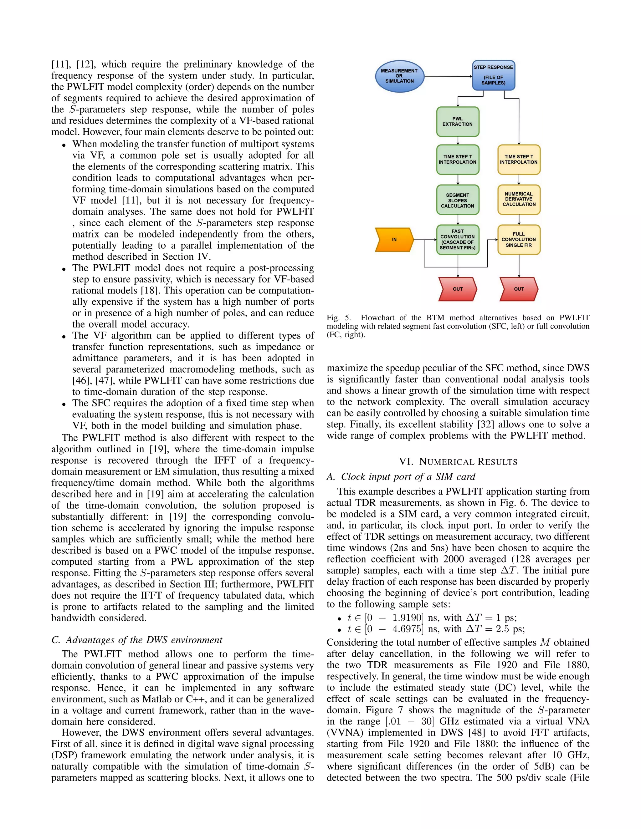 [11], [12], which require the preliminary knowledge of the
frequency response of the system under study. In particular,
the PWLFIT model complexity (order) depends on the number
of segments required to achieve the desired approximation of
the S-parameters step response, while the number of poles
and residues determines the complexity of a VF-based rational
model. However, four main elements deserve to be pointed out:
• When modeling the transfer function of multiport systems
via VF, a common pole set is usually adopted for all
the elements of the corresponding scattering matrix. This
condition leads to computational advantages when per-
forming time-domain simulations based on the computed
VF model [11], but it is not necessary for frequency-
domain analyses. The same does not hold for PWLFIT
, since each element of the S-parameters step response
matrix can be modeled independently from the others,
potentially leading to a parallel implementation of the
method described in Section IV.
• The PWLFIT model does not require a post-processing
step to ensure passivity, which is necessary for VF-based
rational models [18]. This operation can be computation-
ally expensive if the system has a high number of ports
or in presence of a high number of poles, and can reduce
the overall model accuracy.
• The VF algorithm can be applied to different types of
transfer function representations, such as impedance or
admittance parameters, and it is has been adopted in
several parameterized macromodeling methods, such as
[46], [47], while PWLFIT can have some restrictions due
to time-domain duration of the step response.
• The SFC requires the adoption of a ﬁxed time step when
evaluating the system response, this is not necessary with
VF, both in the model building and simulation phase.
The PWLFIT method is also different with respect to the
algorithm outlined in [19], where the time-domain impulse
response is recovered through the IFFT of a frequency-
domain measurement or EM simulation, thus resulting a mixed
frequency/time domain method. While both the algorithms
described here and in [19] aim at accelerating the calculation
of the time-domain convolution, the solution proposed is
substantially different: in [19] the corresponding convolu-
tion scheme is accelerated by ignoring the impulse response
samples which are sufﬁciently small; while the method here
described is based on a PWC model of the impulse response,
computed starting from a PWL approximation of the step
response. Fitting the S-parameters step response offers several
advantages, as described in Section III; furthermore, PWLFIT
does not require the IFFT of frequency tabulated data, which
is prone to artifacts related to the sampling and the limited
bandwidth considered.
C. Advantages of the DWS environment
The PWLFIT method allows one to perform the time-
domain convolution of general linear and passive systems very
efﬁciently, thanks to a PWC approximation of the impulse
response. Hence, it can be implemented in any software
environment, such as Matlab or C++, and it can be generalized
in a voltage and current framework, rather than in the wave-
domain here considered.
However, the DWS environment offers several advantages.
First of all, since it is deﬁned in digital wave signal processing
(DSP) framework emulating the network under analysis, it is
naturally compatible with the simulation of time-domain S-
parameters mapped as scattering blocks. Next, it allows one to
Fig. 5. Flowchart of the BTM method alternatives based on PWLFIT
modeling with related segment fast convolution (SFC, left) or full convolution
(FC, right).
maximize the speedup peculiar of the SFC method, since DWS
is signiﬁcantly faster than conventional nodal analysis tools
and shows a linear growth of the simulation time with respect
to the network complexity. The overall simulation accuracy
can be easily controlled by choosing a suitable simulation time
step. Finally, its excellent stability [32] allows one to solve a
wide range of complex problems with the PWLFIT method.
VI. NUMERICAL RESULTS
A. Clock input port of a SIM card
This example describes a PWLFIT application starting from
actual TDR measurements, as shown in Fig. 6. The device to
be modeled is a SIM card, a very common integrated circuit,
and, in particular, its clock input port. In order to verify the
effect of TDR settings on measurement accuracy, two different
time windows (2ns and 5ns) have been chosen to acquire the
reﬂection coefﬁcient with 2000 averaged (128 averages per
sample) samples, each with a time step ∆T. The initial pure
delay fraction of each response has been discarded by properly
choosing the beginning of device’s port contribution, leading
to the following sample sets:
• t ∈ [0 − 1.9190] ns, with ∆T = 1 ps;
• t ∈ [0 − 4.6975] ns, with ∆T = 2.5 ps;
Considering the total number of effective samples M obtained
after delay cancellation, in the following we will refer to
the two TDR measurements as File 1920 and File 1880,
respectively. In general, the time window must be wide enough
to include the estimated steady state (DC) level, while the
effect of scale settings can be evaluated in the frequency-
domain. Figure 7 shows the magnitude of the S-parameter
in the range [.01 − 30] GHz estimated via a virtual VNA
(VVNA) implemented in DWS [48] to avoid FFT artifacts,
starting from File 1920 and File 1880: the inﬂuence of the
measurement scale setting becomes relevant after 10 GHz,
where signiﬁcant differences (in the order of 5dB) can be
detected between the two spectra. The 500 ps/div scale (File
 