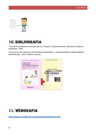 L’ANOREXIA
9
10. Bibliografia
“Cuando la comida es tu enemiga”-Nancy J. Kolodny , Edicions Granica, Colecció de Trastorns
Alimentaris, 1998.
“Convivir con los Trastornos de la Conducta Alimentaria”- J. Gomez Del Barrio, Editorial Médica
Panamericana , 2010, colecció: conviure.
11. Webgrafia
http://aupec.univalle.edu.co/piab/anorexia/historias.html
 
