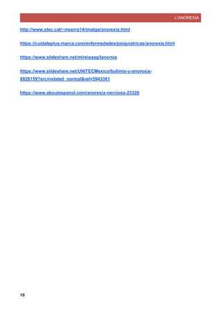 L’ANOREXIA
10
http://www.xtec.cat/~mserra14/imatge/anorexia.html
https://cuidateplus.marca.com/enfermedades/psiquiatricas/anorexia.html
https://www.slideshare.net/mireiaaag/lanorxia
https://www.slideshare.net/UNITECMexico/bulimia-y-anorexia-
8828159?src=related_normal&rel=5943361
https://www.aboutespanol.com/anorexia-nerviosa-23326
 