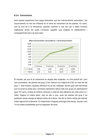 6.2.4. Conclusions

Amb aquest experiment hem pogut demostrar que els macronutrients secundaris i els
micronutrients no són tan influents en el ritme de creixement de les plantes. En canvi,
com ja s’ha dit a la introducció, aquests nutrients sí que són per a altres funcions
orgàniques (entre les quals s’inclouen aquelles que engloba el metabolisme) i
conseqüentment per a la seva salut.



                   M a c r o n u t r i e n t s  s e c u n d a r i s  i   m i c r o n u t r i e n t s
                16,00
                14,00
                12,00
                10,00
                  8,00
                  6,00
                  4,00
                  2,00
                  0,00
                            1ª setmana            2ª setmana            3ª setmana            4ª setmana 
                 1 grup          1,28                  8,58                 10,91                 13,82
                 2 grup          1,35                  8,22                 10,57                 12,90



El resultat, pel que fa al creixement en alçada dels subjectes, no s’ha produït tal i com
vam pronosticar: les plantes del grup 2 han crescut una mitjana de 0,92 cm més les del
grup 1. Tota manera, aquesta afirmació ha de ser matisada. Durant gran part del temps
que ha durat la proba (les 3 primeres setmanes) l’altura dels dos grups és pràcticament
igual. En canvi, al llarg de l’última comença a notar-se dita diferència de mida entre un i
l’altre. Segons el nostre parer, això es déu a que, quan les plantes del grup 2 es
quedaven sense energia al dipòsit nutritiu de la llavor, han fet un darrer esforç per intentar
trobar alguna font d’aliments. Si l’experiment s’hagués prolongat més temps, haurien mort
i hi ha moltes probabilitats que ho haguessin fet aviat.




 
                                                                         
                                                  Pàgina 37 
                                                                         
 