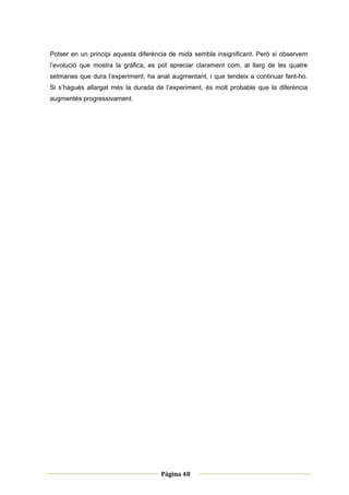 Potser en un principi aquesta diferència de mida sembla insignificant. Però si observem
l’evolució que mostra la gràfica, es pot apreciar clarament com, al llarg de les quatre
setmanes que dura l’experiment, ha anat augmentant, i que tendeix a continuar fent-ho.
Si s’hagués allargat més la durada de l’experiment, és molt probable que la diferència
augmentés progressivament.




 
                                                    
                                     Pàgina 48 
                                                    
 