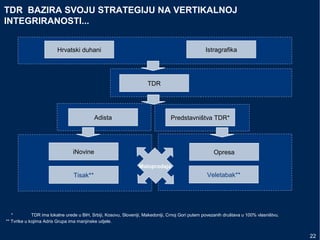 TDR BAZIRA SVOJU STRATEGIJU NA VERTIKALNOJ
INTEGRIRANOSTI...
Hrvatski duhani Istragrafika
TDR
* TDR ima lokalne urede u BiH, Srbiji, Kosovu, Sloveniji, Makedoniji, Crnoj Gori putem povezanih društava u 100% vlasništvu.
** Tvrtke u kojima Adris Grupa ima manjinske udjele.
Adista Predstavništva TDR*
iNovine
Tisak** Veletabak**
Opresa
Maloprodaja
22
 