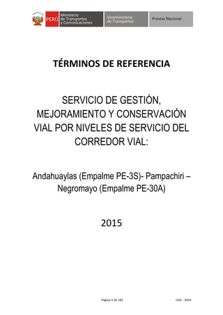 Página 1 de 181 UGC - 2014
TÉRMINOS DE REFERENCIA
SERVICIO DE GESTIÓN,
MEJORAMIENTO Y CONSERVACIÓN
VIAL POR NIVELES DE SERVICIO DEL
CORREDOR VIAL:
Andahuaylas (Empalme PE-3S)- Pampachiri –
Negromayo (Empalme PE-30A)
2015
 