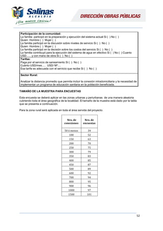52
Participación de la comunidad:
La familia participó en la preparación y ejecución del sistema actual Si ( ) No ( )
Quien: Hombre ( ) Mujer ( )
La familia participó en la discusión sobre niveles de servicio Si ( ) No ( )
Quien: Hombre ( ) Mujer ( )
La familia participó en la decisión sobre los costos del servicio Si ( ) No ( )
La familia contribuyó para la ejecución del sistema de agua en efectivo Si ( ) No ( ) Cuanto
USD...... y con mano de obra Si ( ) No ( )
Tarifas:
Paga por el servicio de saneamiento Si ( ) No ( )
Cuánto USD/mes..... USD/ M³....
Esa tarifa es adecuada con el servicio que recibe Si ( ) No ( )
Sector Rural:
Analizar la distancia promedio que permita incluir la conexión intradomiciliaria y la necesidad de
implementar un programa de educación sanitaria en la población beneficiada.
TAMAÑO DE LA MUESTRA PARA ENCUESTAS
Esta encuesta se deberá aplicar en las zonas urbanas y periurbanas de una manera aleatoria
cubriendo toda el área geográfica de la localidad. El tamaño de la muestra está dado por la tabla
que se presenta a continuación.
Para la zona rural será aplicada en toda el área servida del proyecto.
Nro. de
conexiones
Nro. de
encuestas
50 ó menos 34
100 52
150 63
200 70
250 75
300 79
350 83
400 85
450 87
500 89
600 92
700 94
800 95
900 96
1000 97
1500 101
 