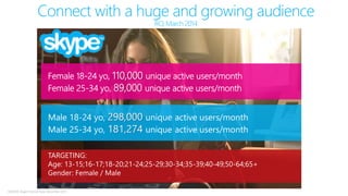 SOURCE: Skype Internal Data, December 2013
Connect with a huge and growing audience
RO, March 2014
Female 18-24 yo, 110,000 unique active users/month
Female 25-34 yo, 89,000 unique active users/month
Male 18-24 yo, 298,000 unique active users/month
Male 25-34 yo, 181,274 unique active users/month
TARGETING:
Age: 13-15;16-17;18-20;21-24;25-29;30-34;35-39;40-49;50-64;65+
Gender: Female / Male
 
