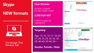 Skype
NEW formats
Homepage Chat
Window Ads
Chat Window
Ad Views: 1,000,000
Ad Type: 728x90, 234x60
2,000 EUR NET
(!) BOTH ad types are
compulsory?
Targeting:
Age: 13-15; 16-17; 18-20;
21-24; 25-29; 30-34; 35-
39; 40-49; 50-64; 65+
Gender: Female / Male
728x90px
234x60px
 