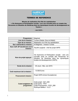Tdr Handicap International recherche un consultant pour une mission d…