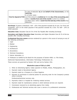 In case of deduction by or on behalf of the Government, on the
                             same day.
                             In all other cases -
 Time for deposit of TDS (a) If the amount is credited an the last day of the accounting year
                             within 2 months from end of the month in which it is credited.
                             (b) Other cases- within 1 week from the last day of the month of tax
                             deduction.

Surcharge: If payee is Individual / HUF - 10% if the payment exceeds Rs.10 Lacs. For Firms and
Companies -10% on the whole payment if the payment exceeds Rs.1 Core. For AOP - 10% on
whole payment.

Education Cess: Education Cess @ 2% of the Tax Payable after including Surcharge.

Secondary and Higher Education Cess: Secondary and Higher Education Cess @ 1% of the tax
payable after including Surcharge,

Professional Services means services rendered by a person in the course of carrying on any of
the following professions:
1. Legal
2. Medical
3. Engineering
4. Architectural
5. Accountancy
6. Technical Consultancy
7. Interior decoration, or
8. Profession as notified by the Board for the purposes of Section 44AA. i.e. Film Artists,
Authorized Representatives, Information Technology Professionals etc.
These services are governed by Section 194J and not by Section 194c.

                               Illustrative cases of TDS u/s 194J
  1. When an Advertising Agency makes payment to Models, Artists, Photographers, etc.
  2. Payment made to Recruitment Agency
  3. Payment made by a Company to a Share Registrar.
  4. Payment of commission to external parties for procuring order for the Company’s product
     where involving
      Professional/technical services only.
  5. Payments made to a hospital for rendering medical services.
  6. Payment made for maintenance contract in which technical services are required.
  7. Commission received by an advertising agency from media.
  8. Professional and Technical services also cover a service of a professional cameraman.




 10                                                                              Tax Supplement
 
