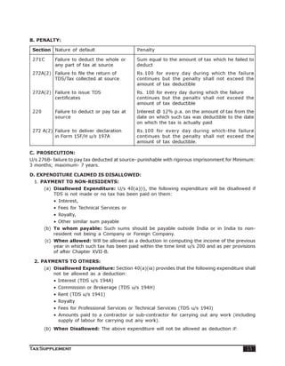 B. PENALTY:

 Section Nature of default                      Penalty

 271C       Failure to deduct the whole or      Sum equal to the amount of tax which he failed to
            any part of tax at source           deduct
 272A(2) Failure to file the return of          Rs.100 for every day during which the failure
         TDS/Tax collected at source            continues but the penalty shall not exceed the
                                                amount of tax deductible
 272A(2) Failure to issue TDS                   Rs. 100 for every day during which the failure
         certificates                           continues but the penaltv shall not exceed the
                                                amount of tax deductible
 220        Failure to deduct or pay tax at     Interest @ 12% p.a. on the amount of tax from the
            source                              date on which such tax was deductible to the date
                                                on which the tax is actually paid
 272 A(2) Failure to deliver declaration        Rs.100 for every day during which-the failure
          in Form 15F/H u/s 197A                continues but the penalty shall not exceed the
                                                amount of tax deductible.

C. PROSECUTION:
U/s 276B- failure to pay tax deducted at source- punishable with rigorous imprisonment for Minimum:
3 months; maximum- 7 years.

D. EXPENDITURE CLAIMED IS DISALLOWED:
 1. PAYMENT TO NON-RESIDENTS:
       (a) Disallowed Expenditure: U/s 40(a)(i), the following expenditure will be disallowed if
           TDS is not made or no tax has been paid on them:
           • Interest,
           • Fees for Technical Services or
           • Royalty,
           • Other similar sum payable
       (b) To whom payable: Such sums should be payable outside India or in India to non-
           resident not being a Company or Foreign Company.
        (c) When allowed: Will be allowed as a deduction in computing the income of the previous
            year in which such tax has been paid within the time limit u/s 200 and as per provisions
            of after Chapter XVII-B.

 2. PAYMENTS TO OTHERS:
       (a) Disallowed Expenditure: Section 40(a)(ia) provides that the following expenditure shall
           not be allowed as a deduction:
           • Interest (TDS u/s 194A)
           • Commission or Brokerage (TDS u/s 194H)
           • Rent (TDS u/s 1941)
           • Royalty
           • Fees for Professional Services or Technical Services (TDS u/s 194J)
           • Amounts paid to a contractor or sub-contractor for carrying out any work (including
             supply of labour for carrying out any work).
       (b) When Disallowed: The above expenditure will not be allowed as deduction if:



Tax Supplement                                                                                  15
 