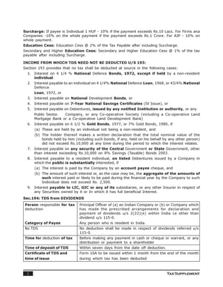 Surcharge: If payee is Individual 1 HUF - 10% if the payment exceeds Rs.10 Lacs. For Firms ana
Companies -10% on the whole payment if the payment exceeds Rs.1 Crore. For AJP - 10% on
whole payment.
Education Cess: Education Cess @ 2% of the Tax Payable after including Surcharge.
Secondary and Higher Education Cess: Secondary and Higher Education Cess @ 1% of the tax
payable after including Surcharge.

INCOME FROM WHICH TDS NEED NOT BE DEDUCTED U/S 193:
Section 193 provides that no tax shall be deducted at source in the following cases:
  1. Interest on 4 1/4 % National Defence Bonds, 1972, except if held by a non-resident
     individual.
  2. Interest payable to an individual on 4 1/4% National Defence Loan, 1968, or 43/4% National
     Defence
      Loan, 1972, or
  3. Interest payable on National Development Bonds, or
  4. Interest payable on 7-Year National Savings Certificates (IV Issue), or
  5. Interest payable on Debentures, issued by any notified Institution or authority, or any
      Public Sector. Company, or any Co-operative Society (including a Co-operative Land
      Mortgage Bank or a Co-operative Land Development Bank)
  6. Interest payable on 6 1/2 % Gold Bonds, 1977, or 7% Gold Bonds, 1980, if
      (a) These are held by an individual not being a non-resident, and
      (b) The holder thereof makes a written declaration that the total nominal value of the
          bonds held by him (including such bonds, if any, held on his behalf by any other person)
          did not exceed Rs.10,000 at any time during the period to which the interest relates.
  7. Interest payable on any security of the Central Government or State Government, other
     than interest exceeding Rs.10,000 on 8% Savings (Taxable) Bonds 2003.
  8. Interest payable to a resident individual, on listed Debentures issued by a Company in
     which the public is substantially interested, if
      (a) The interest is paid by the Company by an account payee cheque, and
      (b) The amount of such interest or, as the case may be, the aggregate of the amounts of
          such interest paid or likely to be paid during the financial year by the Company to such
          Individual does not exceed Rs. 2,500.
  9. Interest payable to LIC, GIC or any of its subsidiaries, or any other Insurer in respect of
     any Securities owned by it or In which it has full beneficial Interest.
Sec.194: TDS from DIVIDENDS
Person responsible for tax     Principal Officer of (a) an Indian Company or (b) or Company which
deduction                      has made the prescribed arrangements for declaration and
                               payment of dividends u/s 2(22)(e) within India Le other than
                               dividend u/s 115-0.
Category of Payee              Any person who is resident in India.
No TDS                         No deduction shall be made in respect of dividends referred u/s
                               115-0.
Time for deduction of tax      Before making any payment in cash or cheque or warrant, or any
                               distribution or payment to a shareholder
Time of deposit of TDS         Within seven days from the date off deduction.
Certificate of TDS and         Form 16A to be issued within 1 month from the end of the month
time of issue                  during which tax has been deducted



  2                                                                             Tax Supplement
 