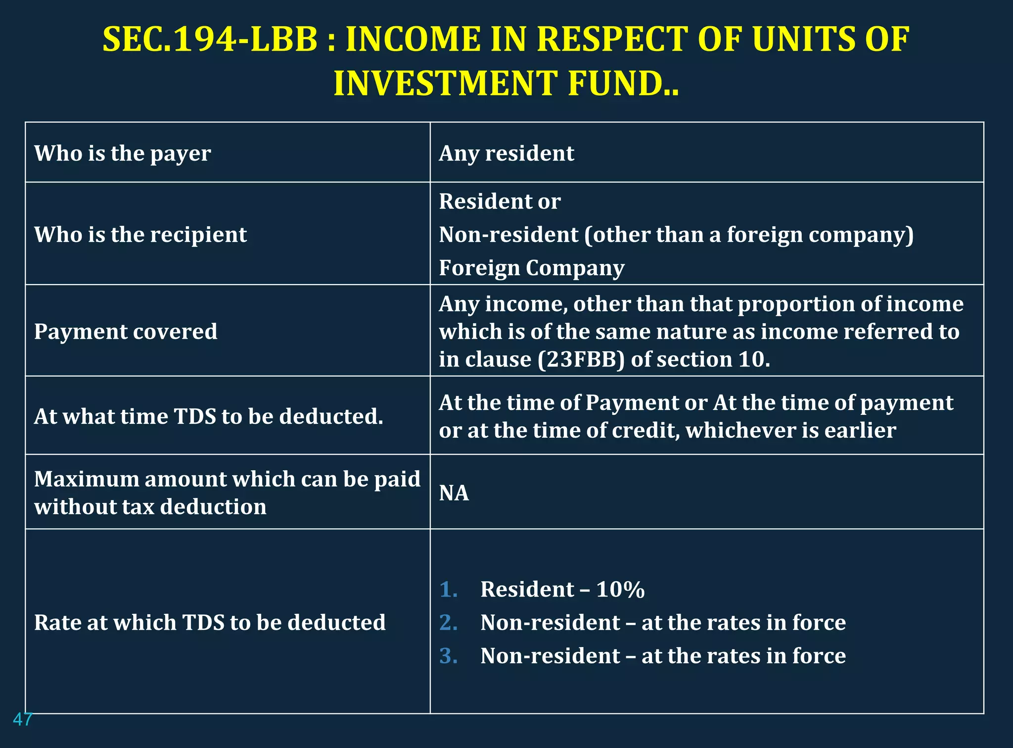 SEC.194-LBB : INCOME IN RESPECT OF UNITS OF
INVESTMENT FUND..
Who is the payer Any resident
Who is the recipient
Resident or
Non-resident (other than a foreign company)
Foreign Company
Payment covered
Any income, other than that proportion of income
which is of the same nature as income referred to
in clause (23FBB) of section 10.
At what time TDS to be deducted.
At the time of Payment or At the time of payment
or at the time of credit, whichever is earlier
Maximum amount which can be paid
without tax deduction
NA
Rate at which TDS to be deducted
1. Resident – 10%
2. Non-resident – at the rates in force
3. Non-resident – at the rates in force
47
 
