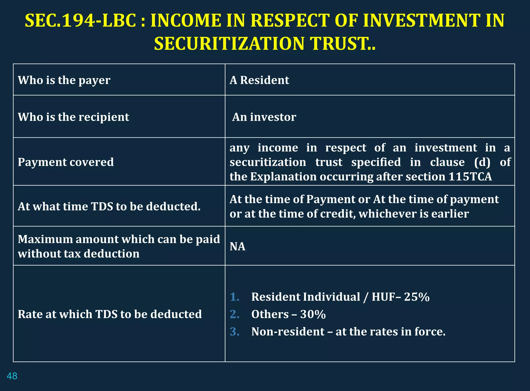 SEC.194-LBC : INCOME IN RESPECT OF INVESTMENT IN
SECURITIZATION TRUST..
Who is the payer A Resident
Who is the recipient An investor
Payment covered
any income in respect of an investment in a
securitization trust specified in clause (d) of
the Explanation occurring after section 115TCA
At what time TDS to be deducted.
At the time of Payment or At the time of payment
or at the time of credit, whichever is earlier
Maximum amount which can be paid
without tax deduction
NA
Rate at which TDS to be deducted
1. Resident Individual / HUF– 25%
2. Others – 30%
3. Non-resident – at the rates in force.
48
 