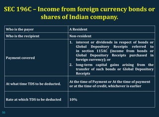 SEC 196C – Income from foreign currency bonds or
shares of Indian company.
Who is the payer A Resident
Who is the recipient Non-resident
Payment covered
1. interest or dividends in respect of bonds or
Global Depository Receipts referred to
in section 115AC (income from bonds or
Global Depository Receipts purchased in
foreign currency); or
2. long-term capital gains arising from the
transfer of such bonds or Global Depository
Receipts
At what time TDS to be deducted.
At the time of Payment or At the time of payment
or at the time of credit, whichever is earlier
Rate at which TDS to be deducted 10%
56
 