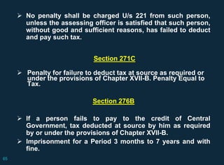  No penalty shall be charged U/s 221 from such person,
unless the assessing officer is satisfied that such person,
without good and sufficient reasons, has failed to deduct
and pay such tax.
Section 271C
 Penalty for failure to deduct tax at source as required or
under the provisions of Chapter XVII-B. Penalty Equal to
Tax.
Section 276B
 If a person fails to pay to the credit of Central
Government, tax deducted at source by him as required
by or under the provisions of Chapter XVII-B.
 Imprisonment for a Period 3 months to 7 years and with
fine.
65
 